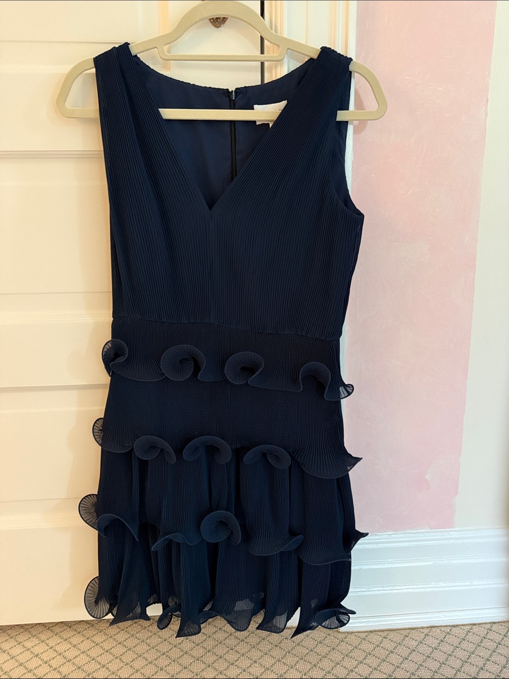 Milly Dark Navy Pleated V-Neck Tiered Ruffle Midi Dress